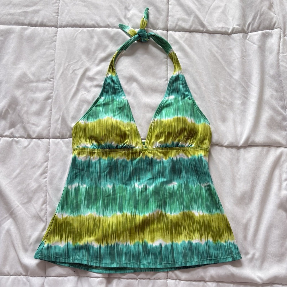 La Blanca Halter Tankini Top Womens 8 Green Striped Summer Beach Feminine Whimsy
